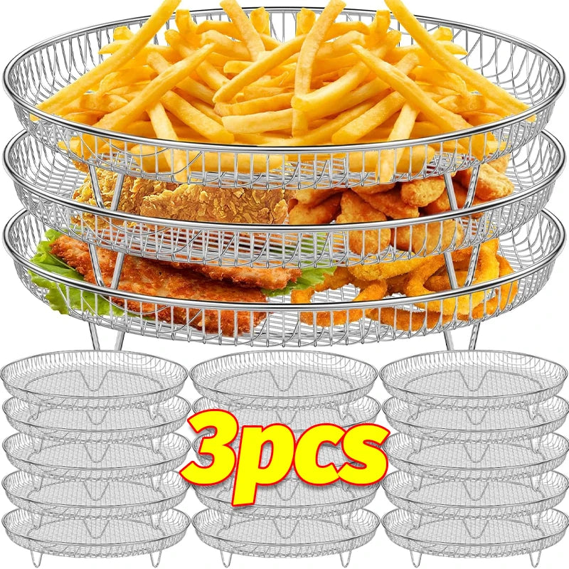 Rack de Fritadeira a ar de três camadas grelha aço inoxidável AirFryer ferramenta assadeira grelha de cozimento fritadeiras a ar acessórios de cozinha (quadrado, retângulo e redondo)