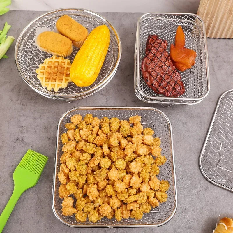Rack de Fritadeira a ar de três camadas grelha aço inoxidável AirFryer ferramenta assadeira grelha de cozimento fritadeiras a ar acessórios de cozinha (quadrado, retângulo e redondo)