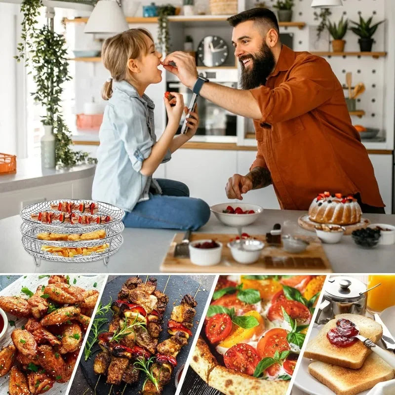 Rack de Fritadeira a ar de três camadas grelha aço inoxidável AirFryer ferramenta assadeira grelha de cozimento fritadeiras a ar acessórios de cozinha (quadrado, retângulo e redondo)
