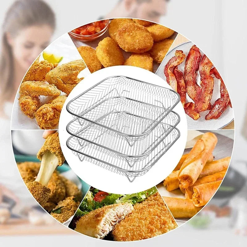 Rack de Fritadeira a ar de três camadas grelha aço inoxidável AirFryer ferramenta assadeira grelha de cozimento fritadeiras a ar acessórios de cozinha (quadrado, retângulo e redondo)