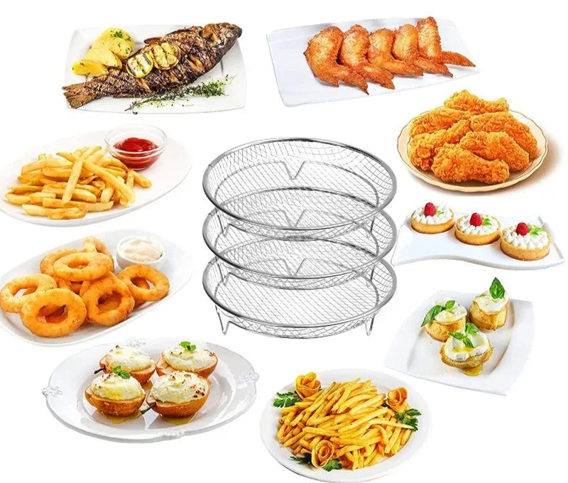 Rack de Fritadeira a ar de três camadas grelha aço inoxidável AirFryer ferramenta assadeira grelha de cozimento fritadeiras a ar acessórios de cozinha (quadrado, retângulo e redondo)