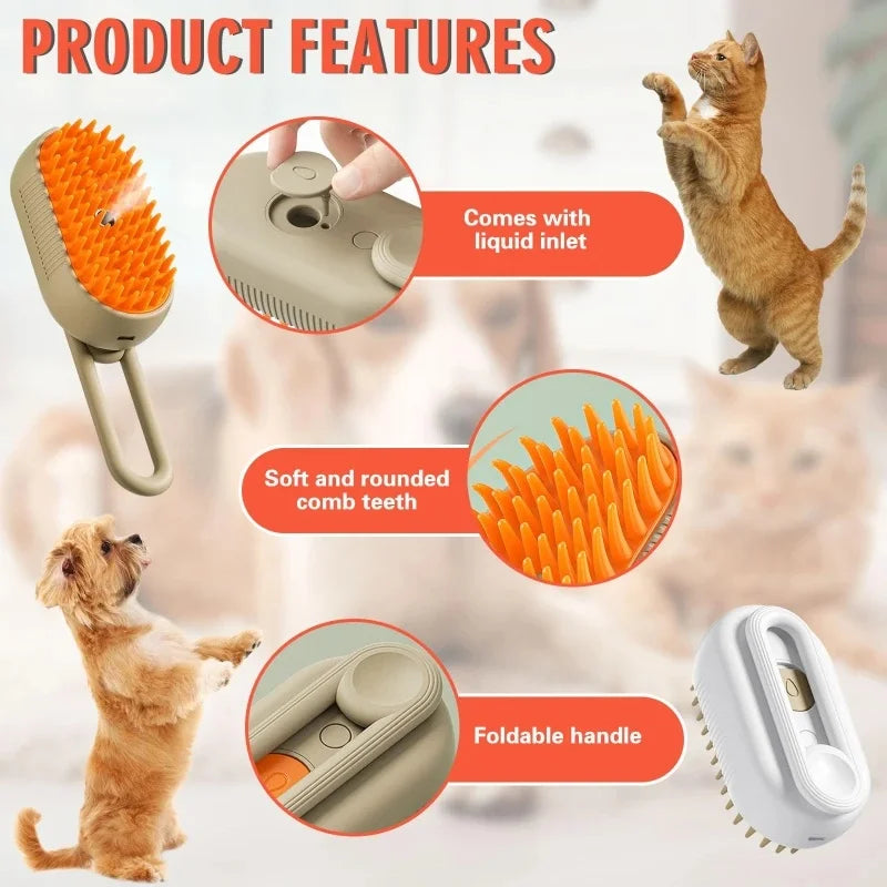 Escova elétrica 3 em 1 para pelo de cachorro e gato, escova elétrica para limpeza de animais de estimação, spray de vapor, massagem, remoção de pelos, pente anti-voador